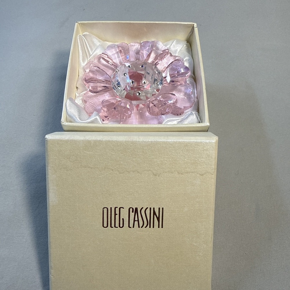 Vintage Oleg Cassini Crystal Fleur Pink Flower Paperweight with Original Box